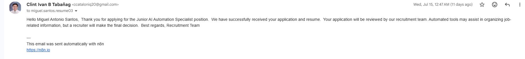 Gmail Application Acknowledgment