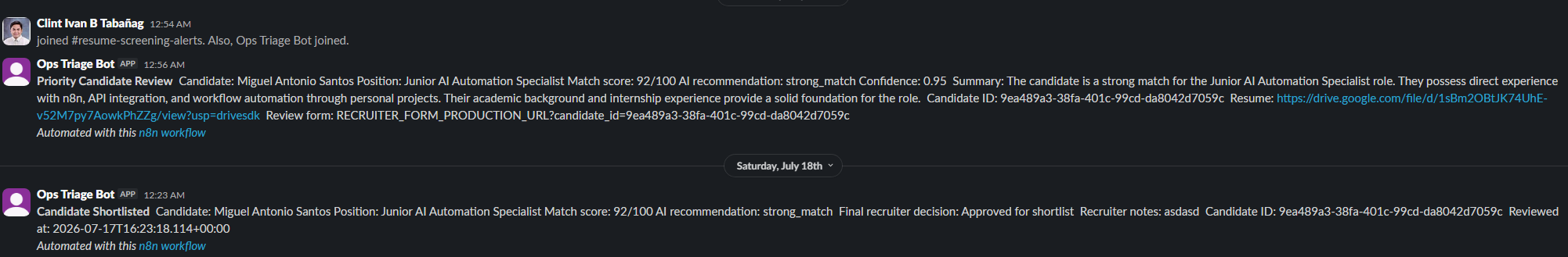 Slack Resume Screening Alert
